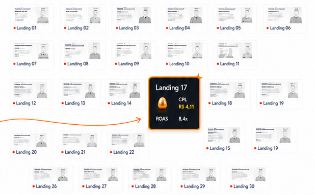 Variações de landing pages com a Landing 17 destacada como melhor resultado